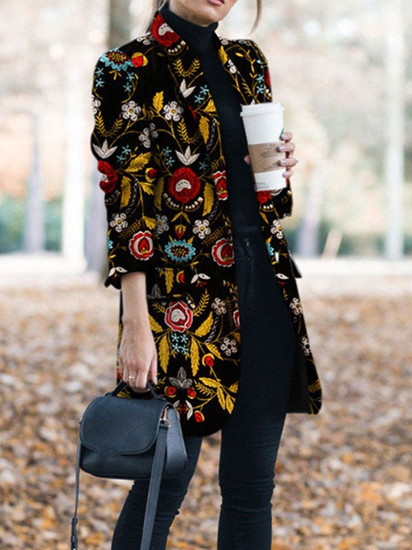 Coats Turndown Collar Long Sleeve Flowers Embroidered Coat