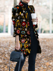 Coats Turndown Collar Long Sleeve Flowers Embroidered Coat