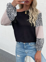 Color Block Jewel Neck Long Sleeves Oversized Polyester Sweaters