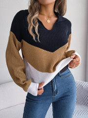 Color Contrast Casual Knitted Long Sleeve V-neck Pullovers Loose In Knitwears