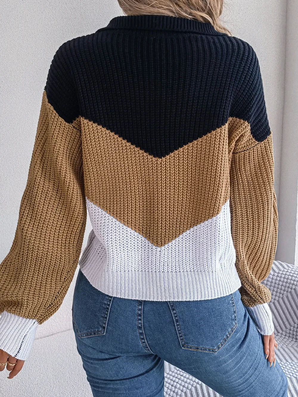 Color Contrast Casual Knitted Long Sleeve V-neck Pullovers Loose In Knitwears