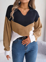 Color Contrast Casual Knitted Long Sleeve V-neck Pullovers Loose In Knitwears