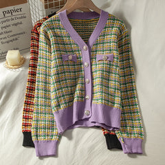 Colorful Plaid Loose Knit Long Sleeve V-Neck Sweater