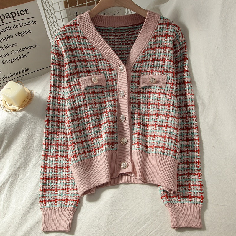 Colorful Plaid Loose Knit Long Sleeve V-Neck Sweater