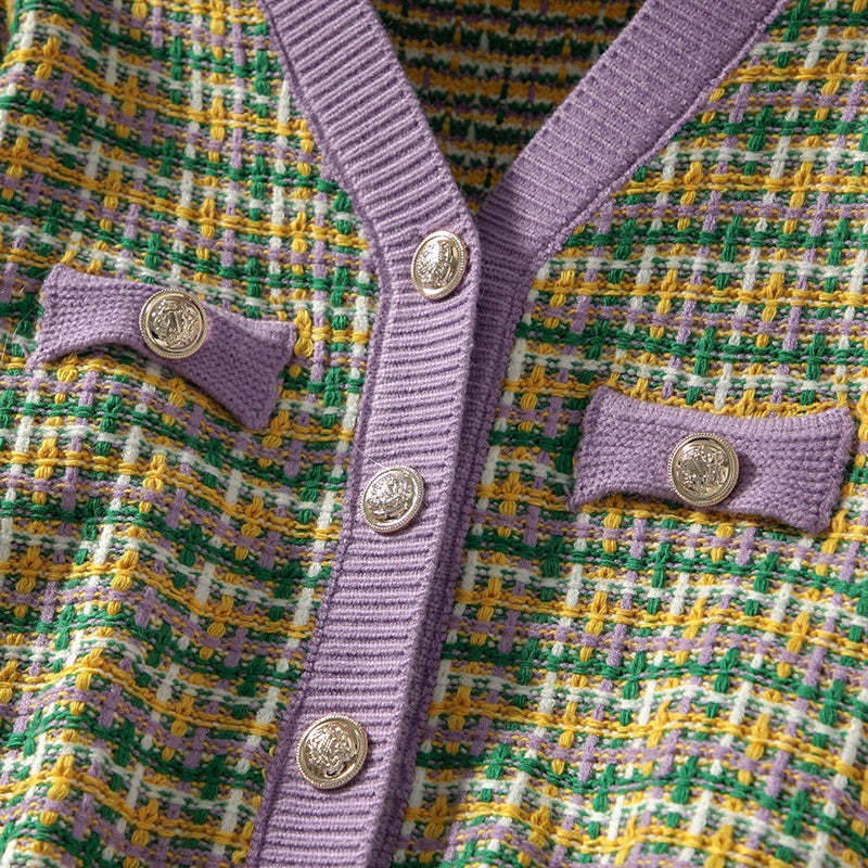 Colorful Plaid Loose Knit Long Sleeve V-Neck Sweater