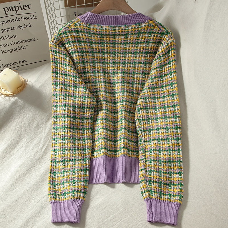 Colorful Plaid Loose Knit Long Sleeve V-Neck Sweater