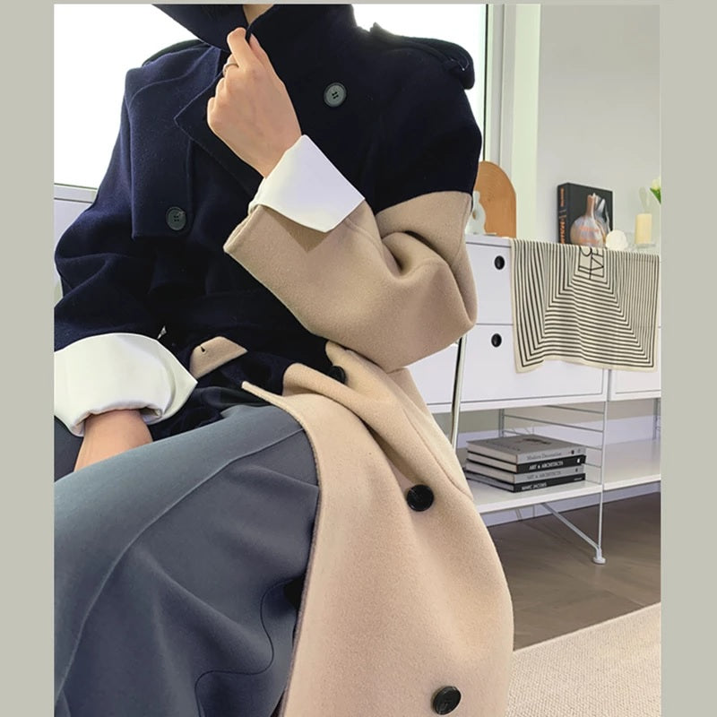 Contrast Color Mid-Length Over The Knee luxury Woolen coats