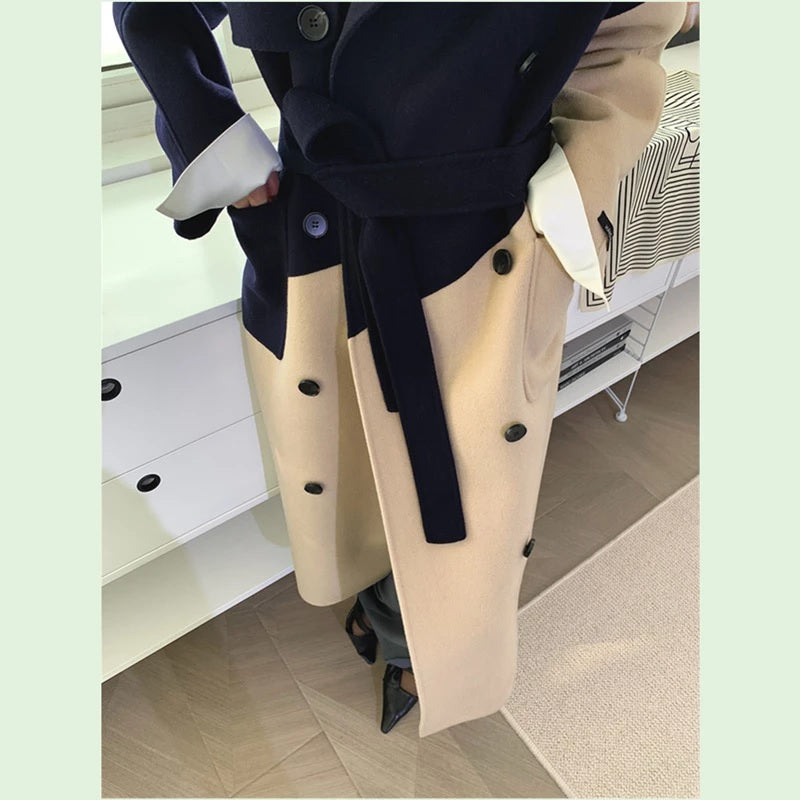 Contrast Color Mid-Length Over The Knee luxury Woolen coats