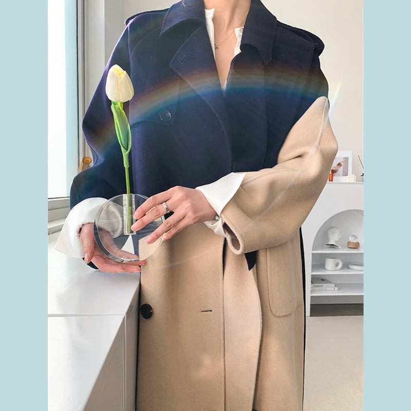 Contrast Color Mid-Length Over The Knee luxury Woolen coats