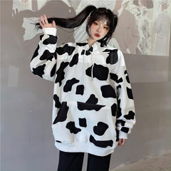 Cow Print Long-Sleeved Hooded Pullover Sweatshirt