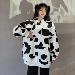 Cow Print Long-Sleeved Hooded Pullover Sweatshirt