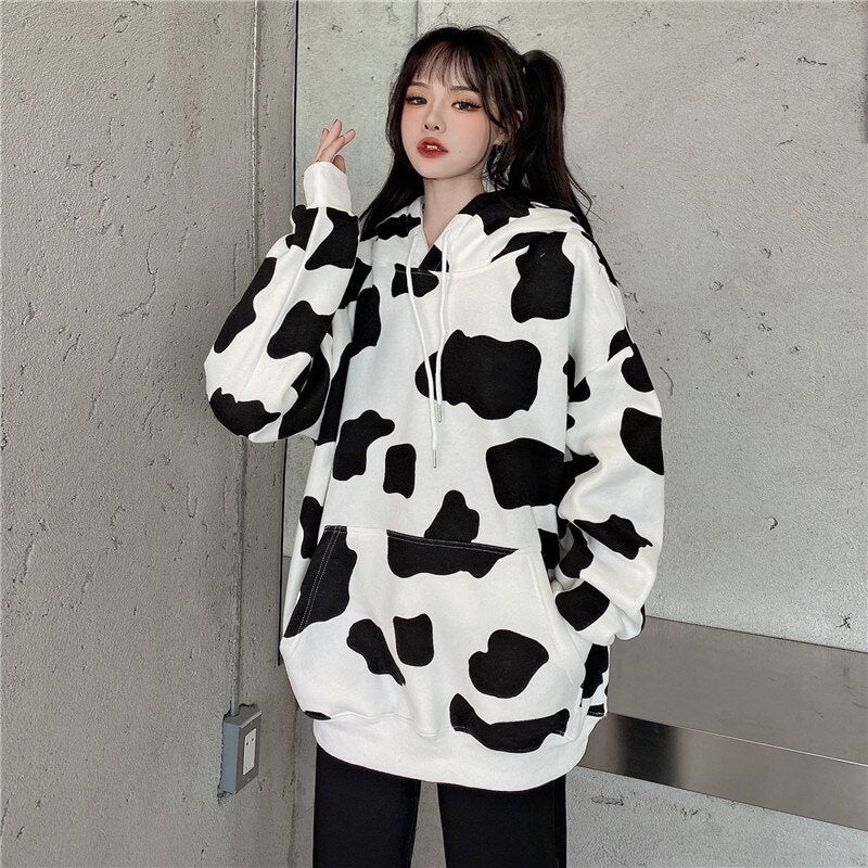 Cow Print Long-Sleeved Hooded Pullover Sweatshirt