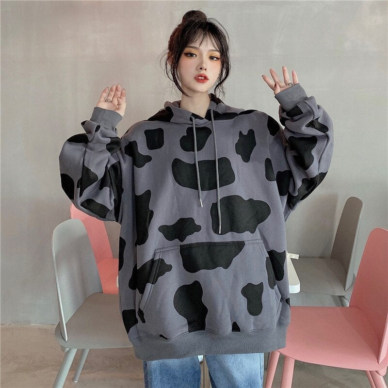 Cow Print Long-Sleeved Hooded Pullover Sweatshirt