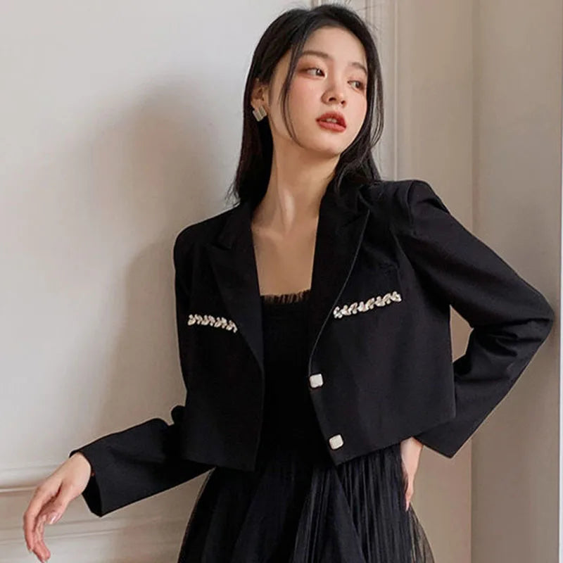 Crystal Single-Breasted Decorate Notched Collar Cropped Blazer Suit
