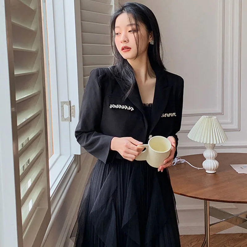 Crystal Single-Breasted Decorate Notched Collar Cropped Blazer Suit