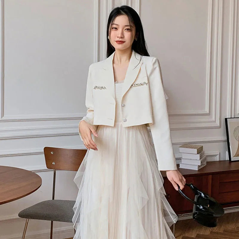 Crystal Single-Breasted Decorate Notched Collar Cropped Blazer Suit