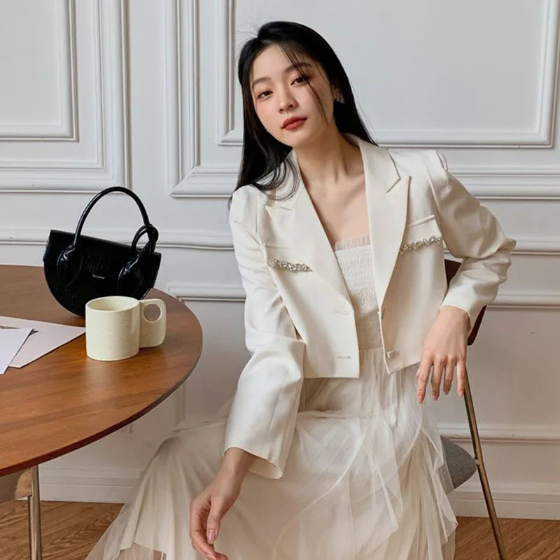 Crystal Single-Breasted Decorate Notched Collar Cropped Blazer Suit