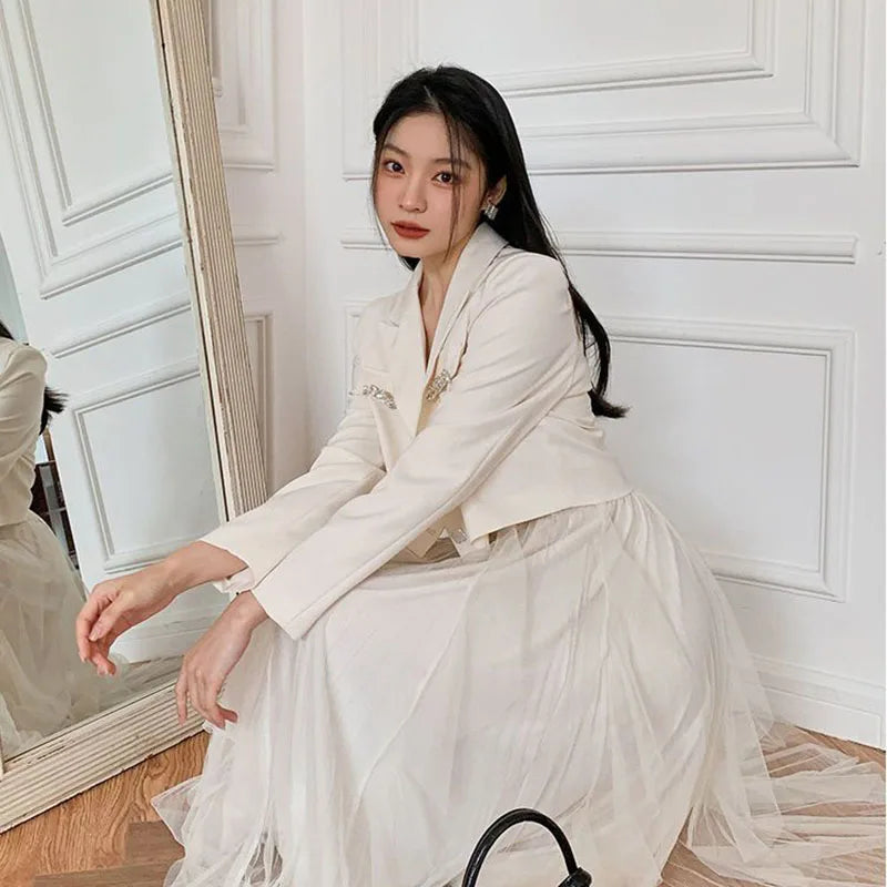 Crystal Single-Breasted Decorate Notched Collar Cropped Blazer Suit