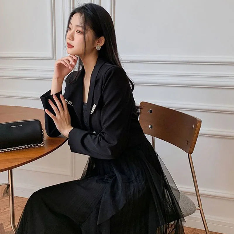 Crystal Single-Breasted Decorate Notched Collar Cropped Blazer Suit