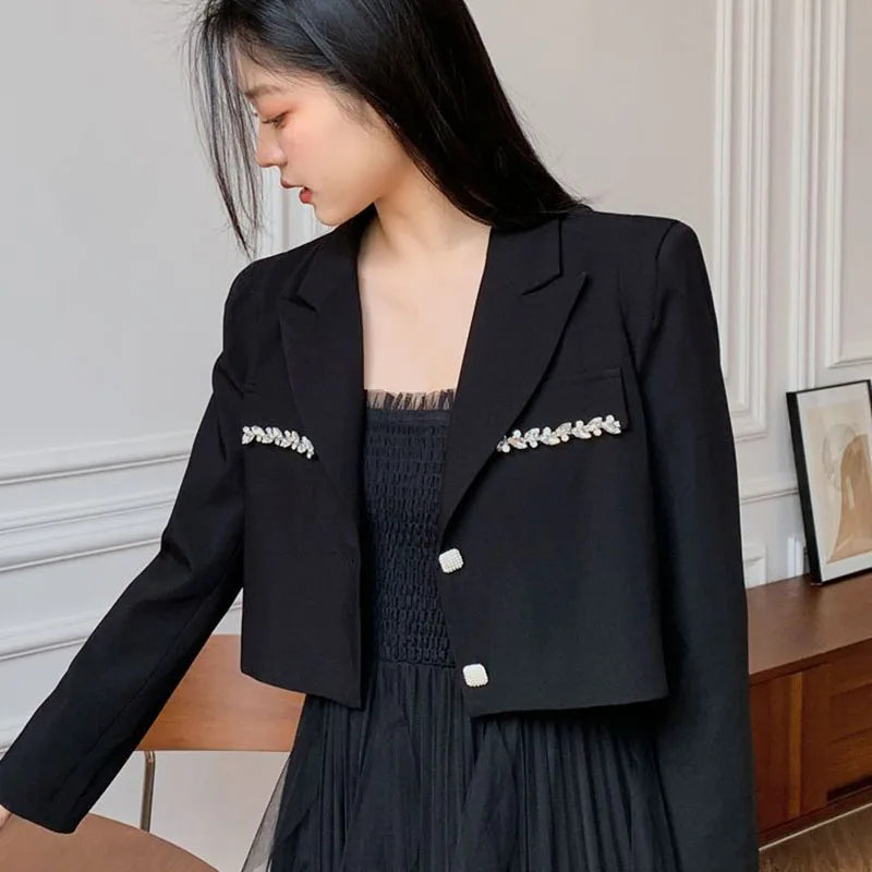 Crystal Single-Breasted Decorate Notched Collar Cropped Blazer Suit