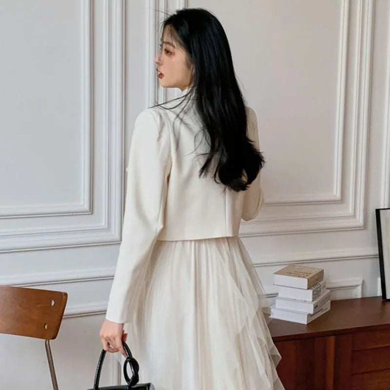 Crystal Single-Breasted Decorate Notched Collar Cropped Blazer Suit