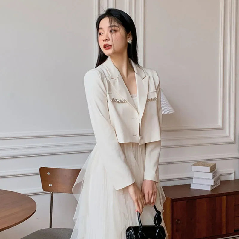 Crystal Single-Breasted Decorate Notched Collar Cropped Blazer Suit