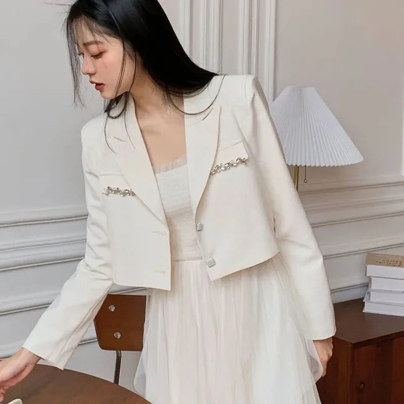 Crystal Single-Breasted Decorate Notched Collar Cropped Blazer Suit