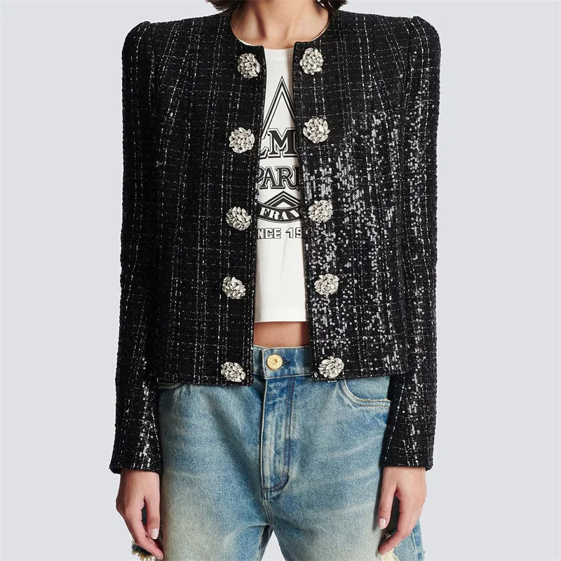 Crystal button decoration High quality Sequin blend long sleeved outerwears jacket