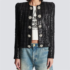Crystal button decoration High quality Sequin blend long sleeved outerwears jacket