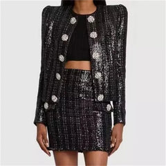 Crystal button decoration High quality Sequin blend long sleeved outerwears jacket