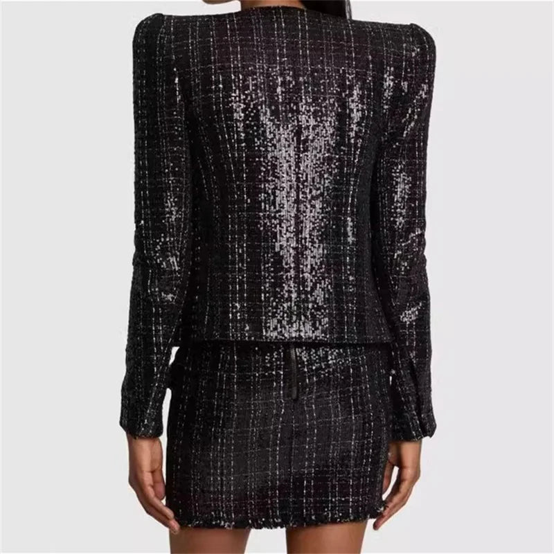 Crystal button decoration High quality Sequin blend long sleeved outerwears jacket