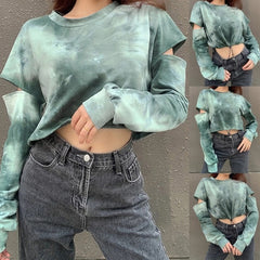 Cut Out Sweatshirt O-Neck Tie-Dye Printed Pullover Crop Top Hip Hop