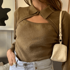 Cut Out Turn-down Collar Office Knit Sweater