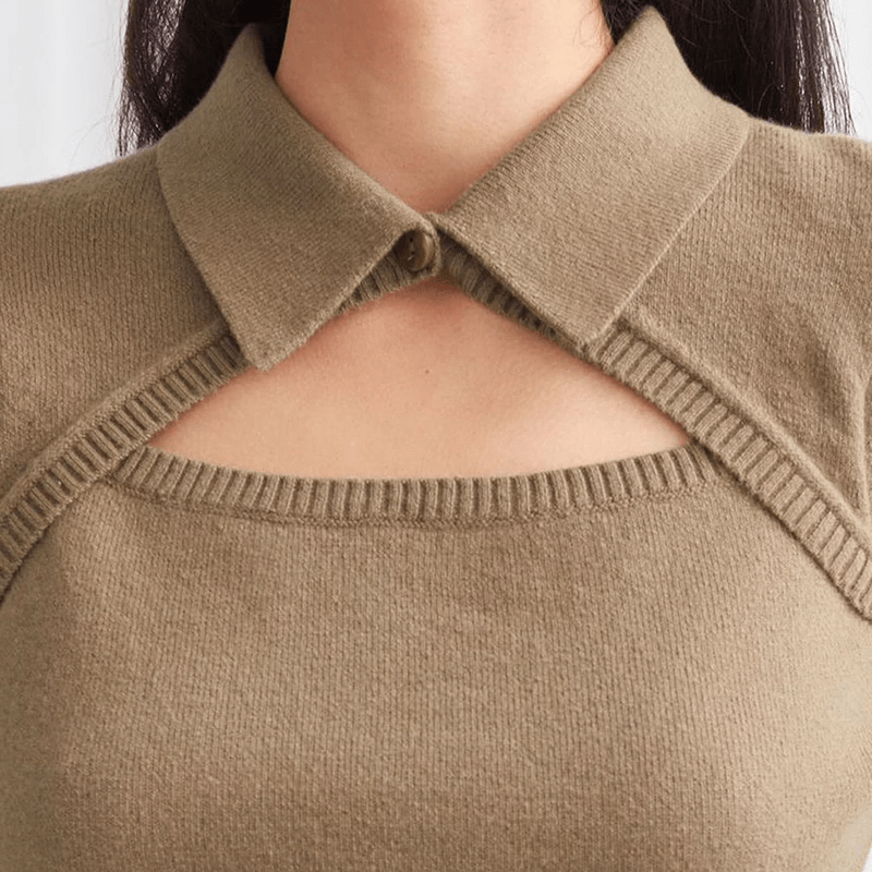 Cut Out Turn-down Collar Office Knit Sweater