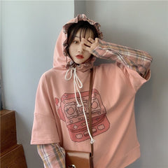 Cute Print Hooded Stitching Fake Two-Piece Sweatshirt