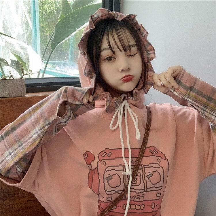 Cute Print Hooded Stitching Fake Two-Piece Sweatshirt