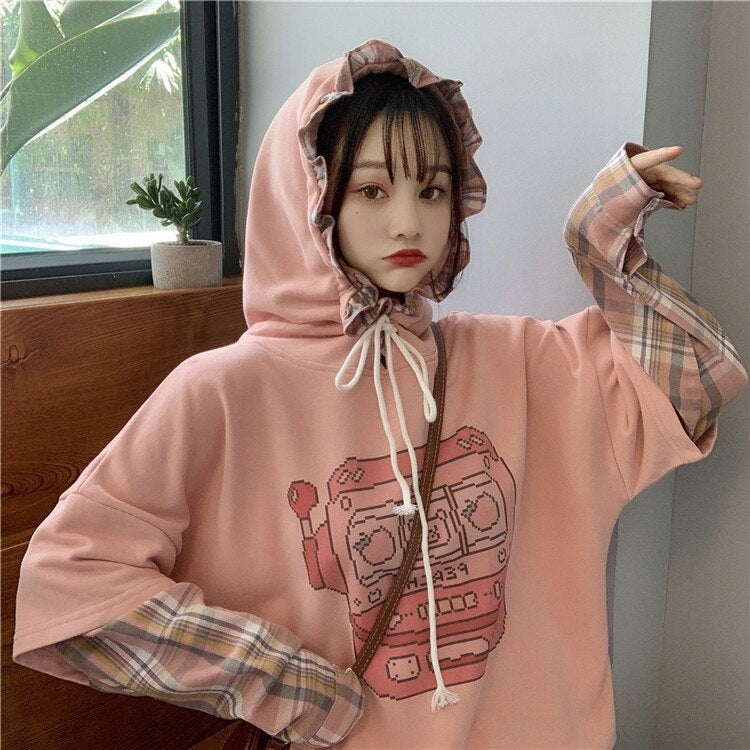 Cute Print Hooded Stitching Fake Two-Piece Sweatshirt