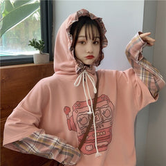 Cute Print Hooded Stitching Fake Two-Piece Sweatshirt