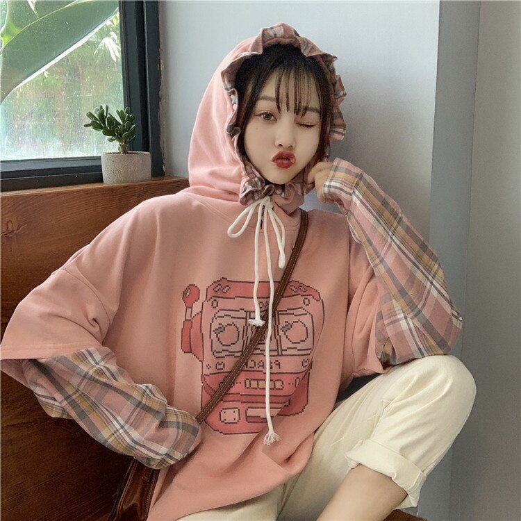 Cute Print Hooded Stitching Fake Two-Piece Sweatshirt