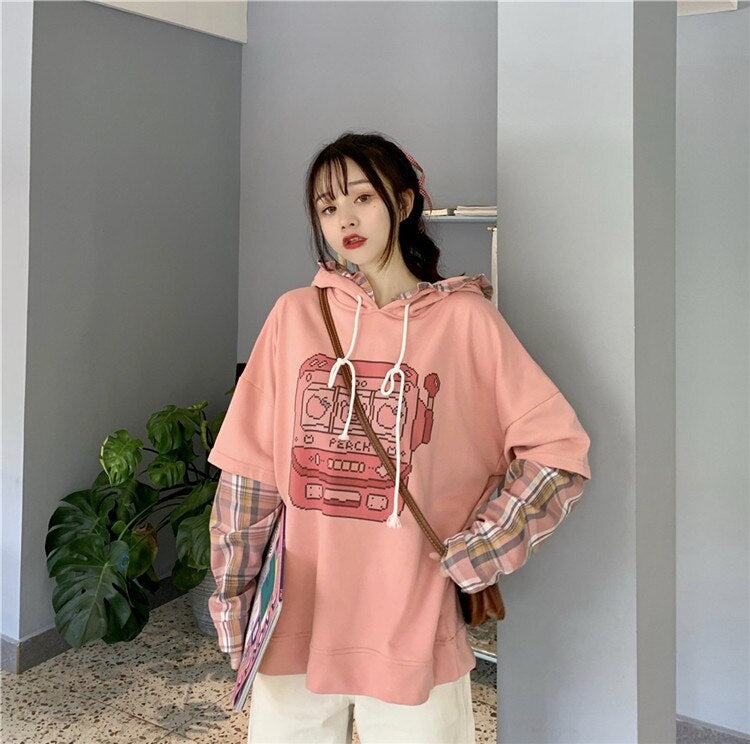 Cute Print Hooded Stitching Fake Two-Piece Sweatshirt