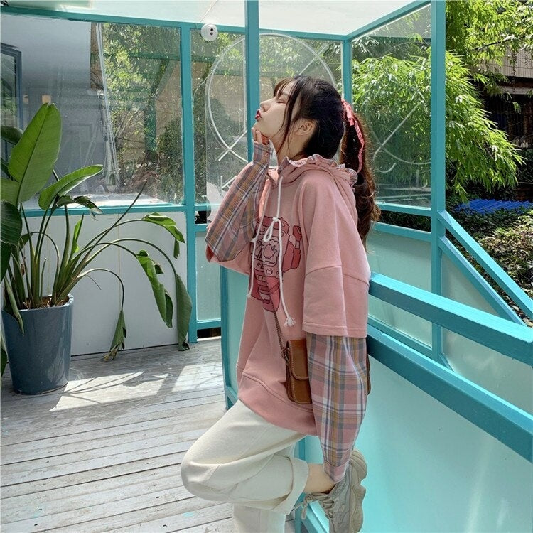 Cute Print Hooded Stitching Fake Two-Piece Sweatshirt