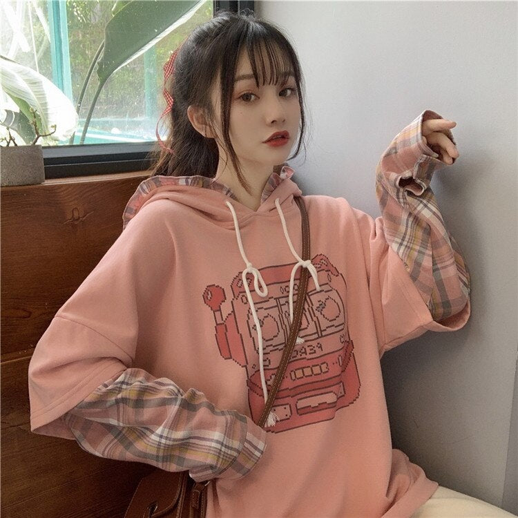 Cute Print Hooded Stitching Fake Two-Piece Sweatshirt