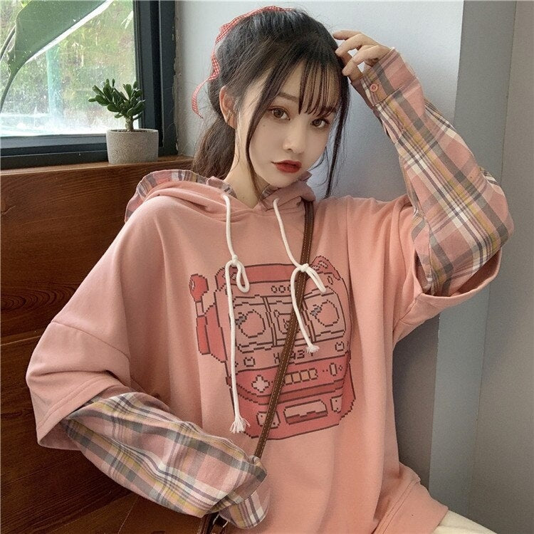 Cute Print Hooded Stitching Fake Two-Piece Sweatshirt