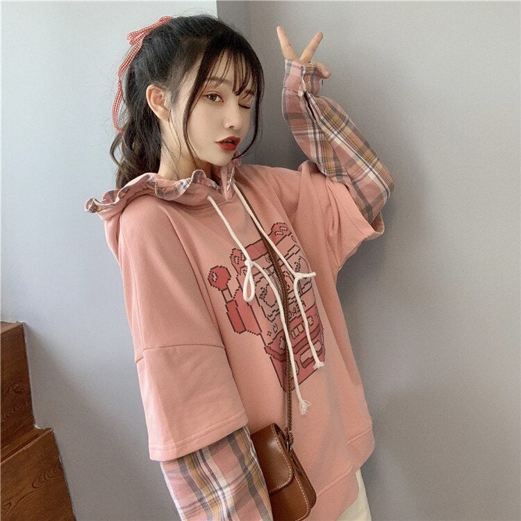 Cute Print Hooded Stitching Fake Two-Piece Sweatshirt
