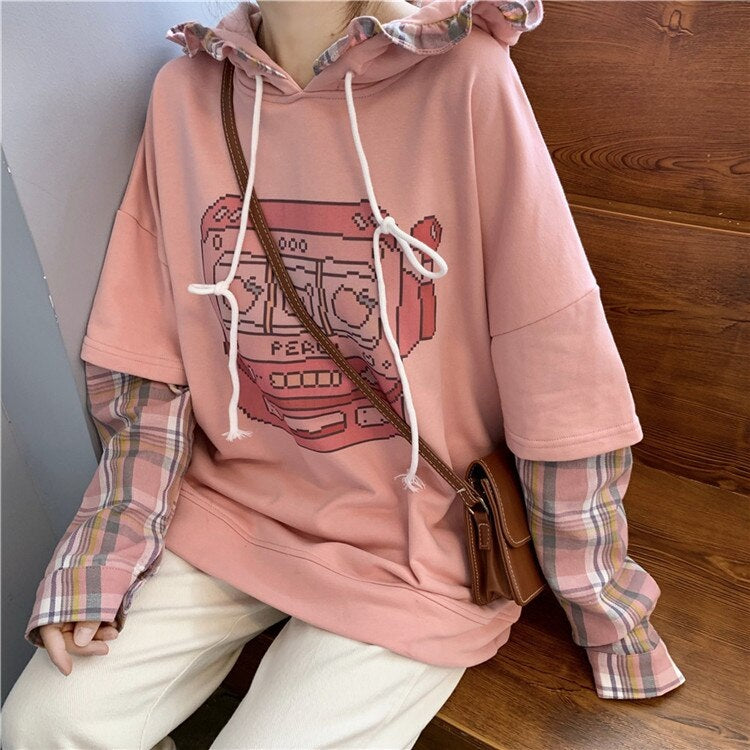 Cute Print Hooded Stitching Fake Two-Piece Sweatshirt