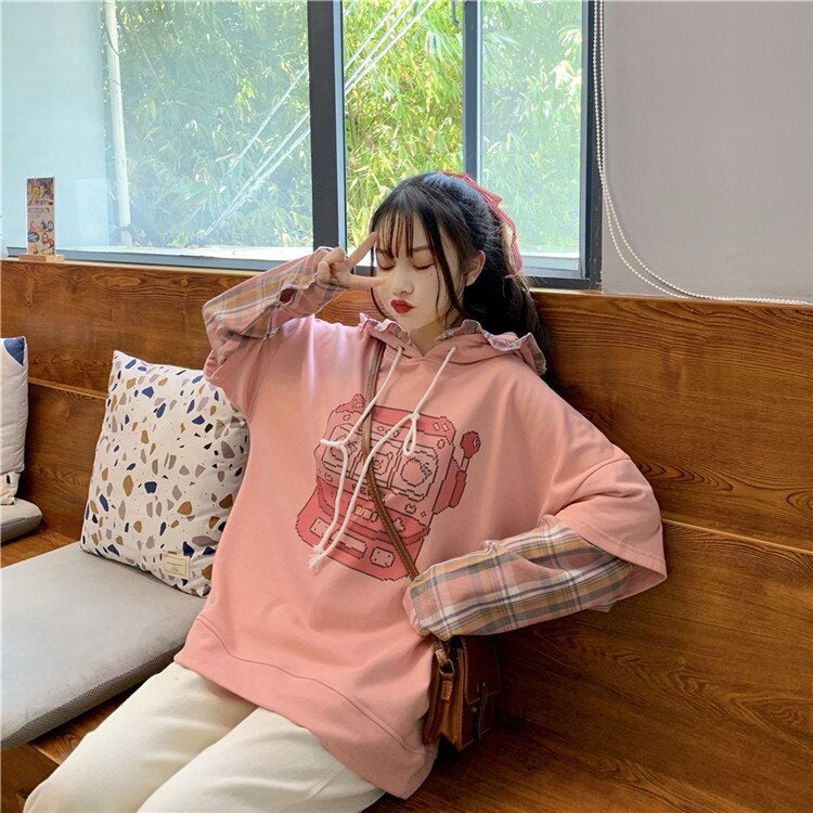 Cute Print Hooded Stitching Fake Two-Piece Sweatshirt