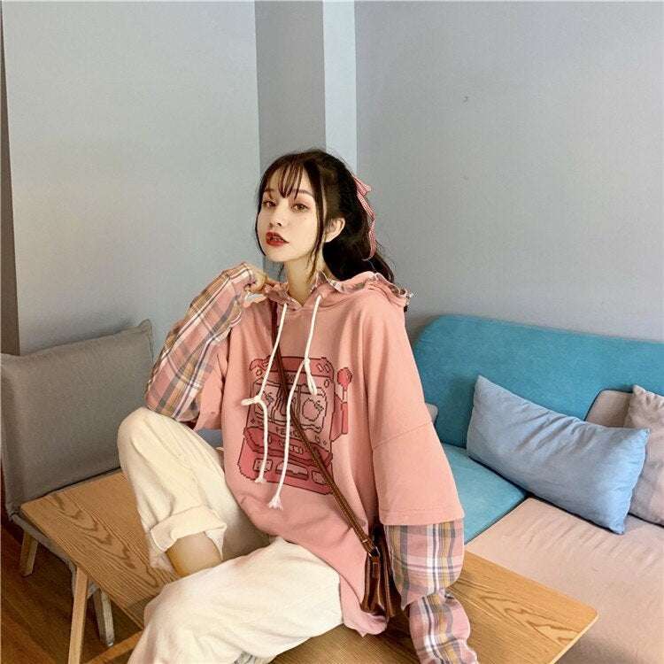 Cute Print Hooded Stitching Fake Two-Piece Sweatshirt
