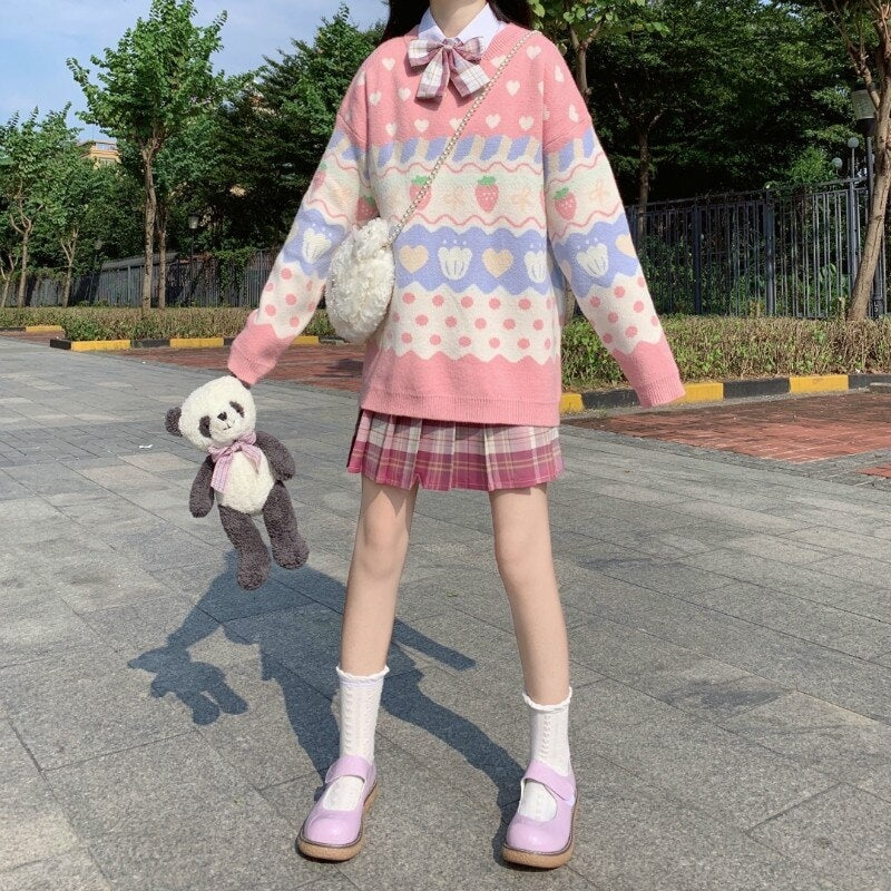 Cute Strawberry Print Long-Sleeved Pullover Knitted Sweater