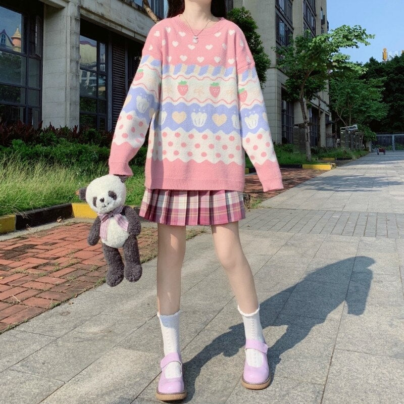 Cute Strawberry Print Long-Sleeved Pullover Knitted Sweater