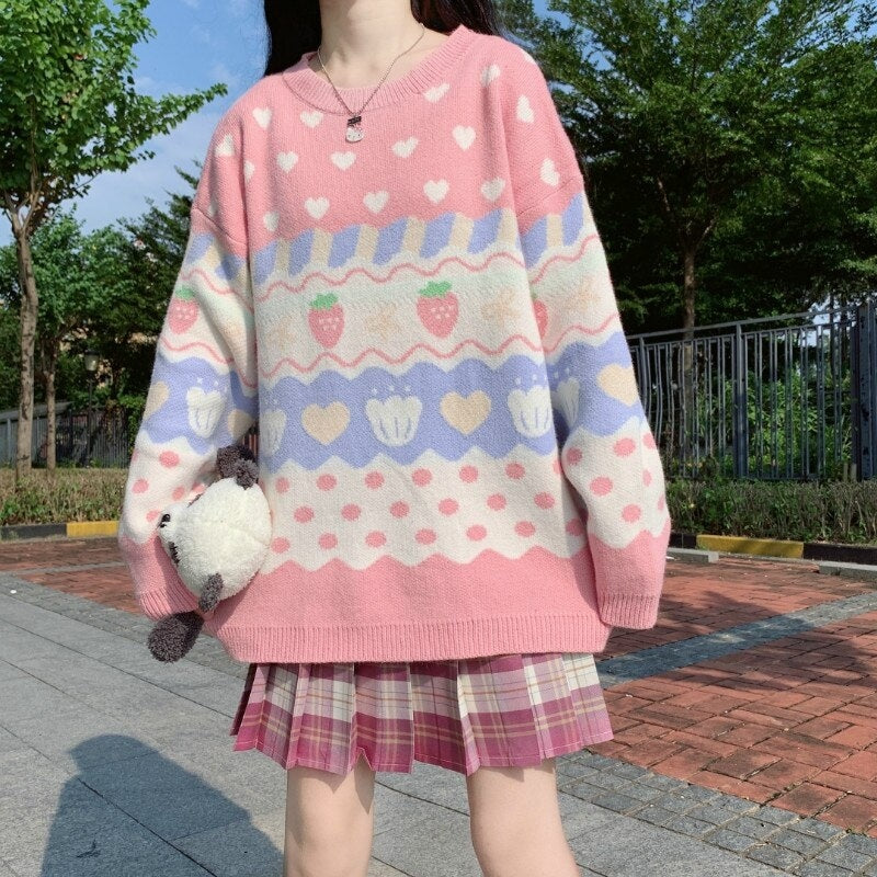Cute Strawberry Print Long-Sleeved Pullover Knitted Sweater